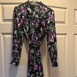 Diane Von Furstenberg Black Dress with Purple and Green Floral Design NWT M